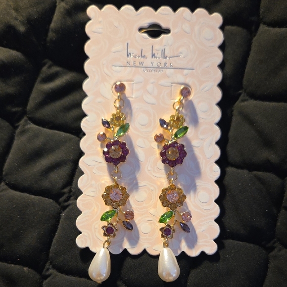 Nicole Miller Jewelry - Nicole Miller Gold and Purple Cluster Earrings with Floral Design